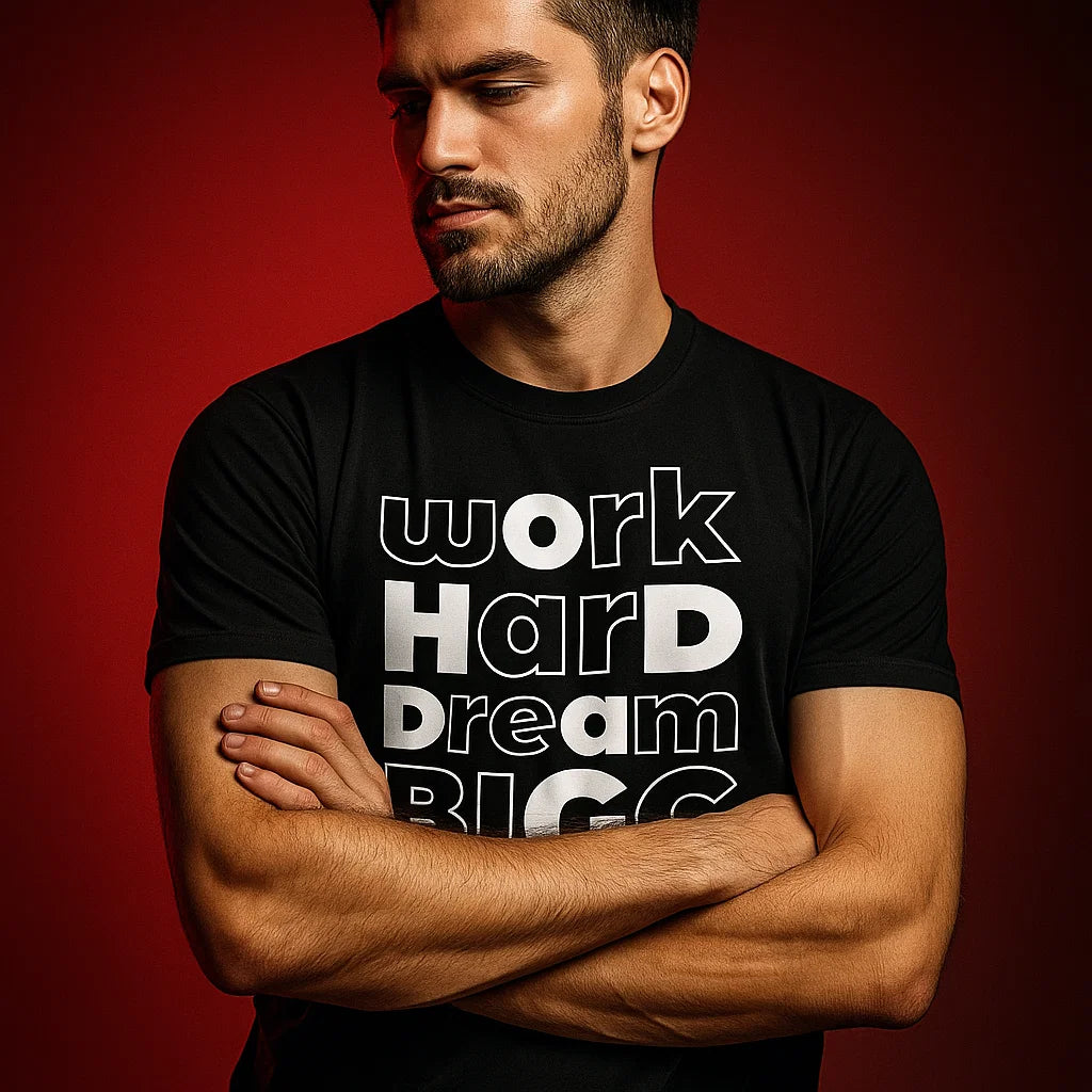 Work Hard Dream Big – Men's Motivational Back Print T-Shirt